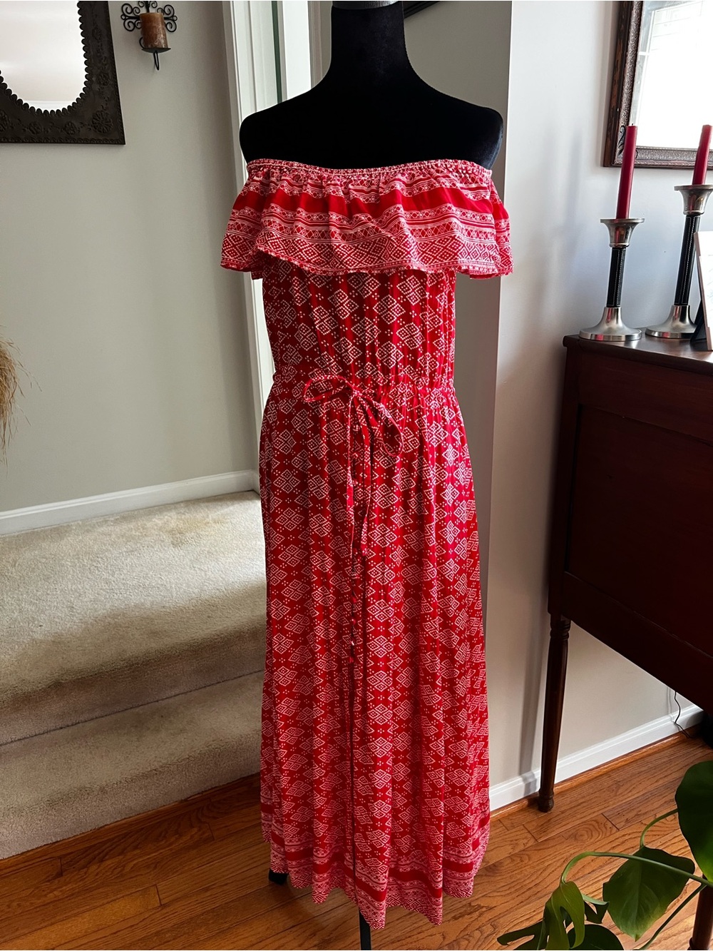 Talisman Red Geometric Off Shoulder Ruffle Boho Maxi Dress Size Small - Picture 5 of 14
